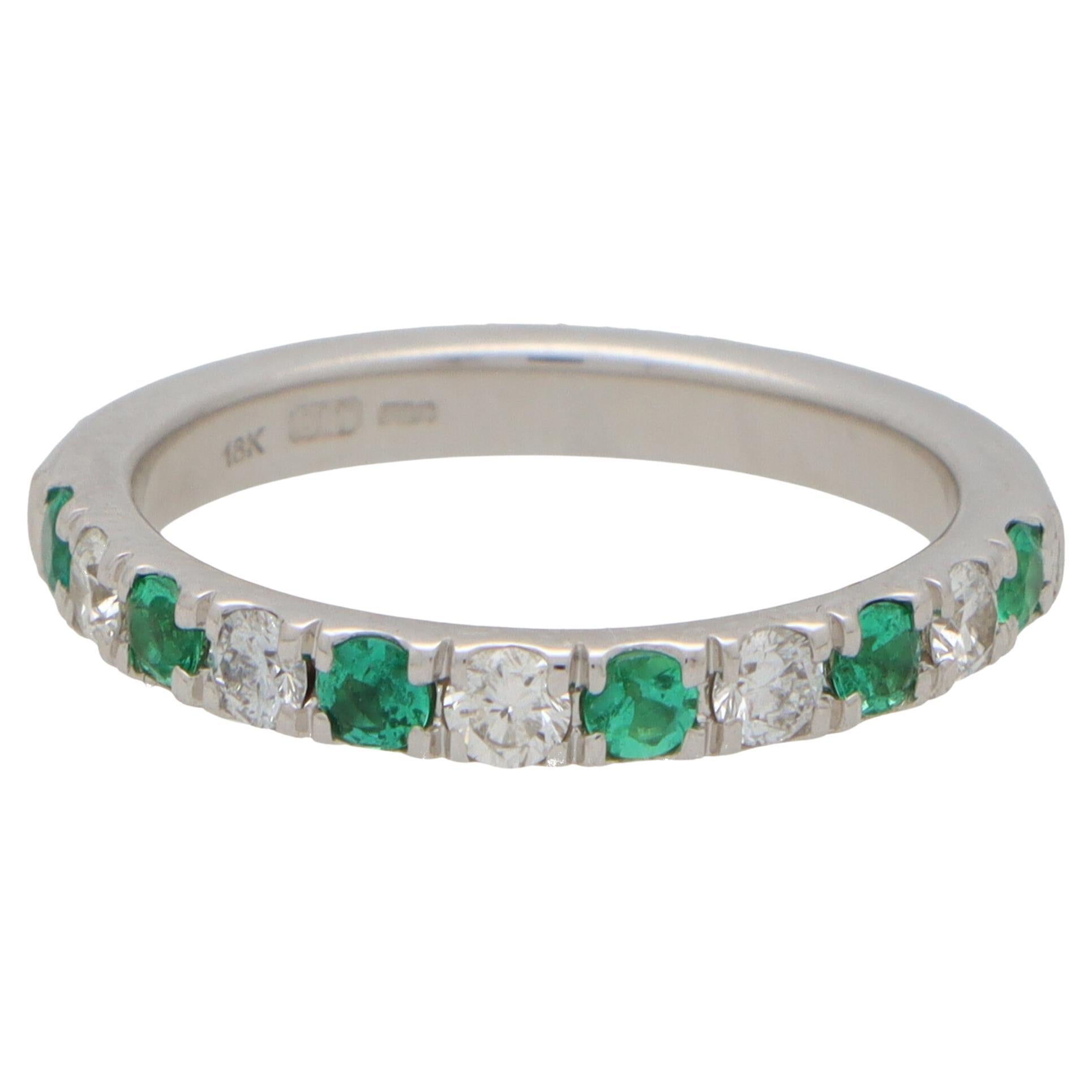 Contemporary Emerald and Diamond Half Eternity Band Ring in 18k White Gold For Sale