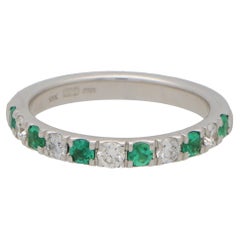 Contemporary Emerald and Diamond Half Eternity Band Ring in 18k White Gold