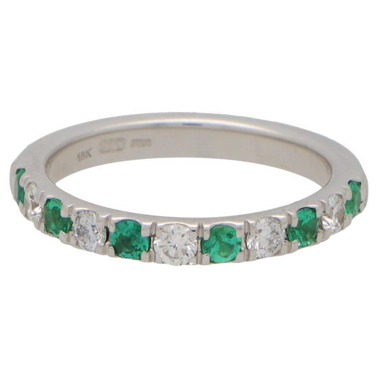 Contemporary Emerald and Diamond Half Eternity Band Ring in 18k White ...