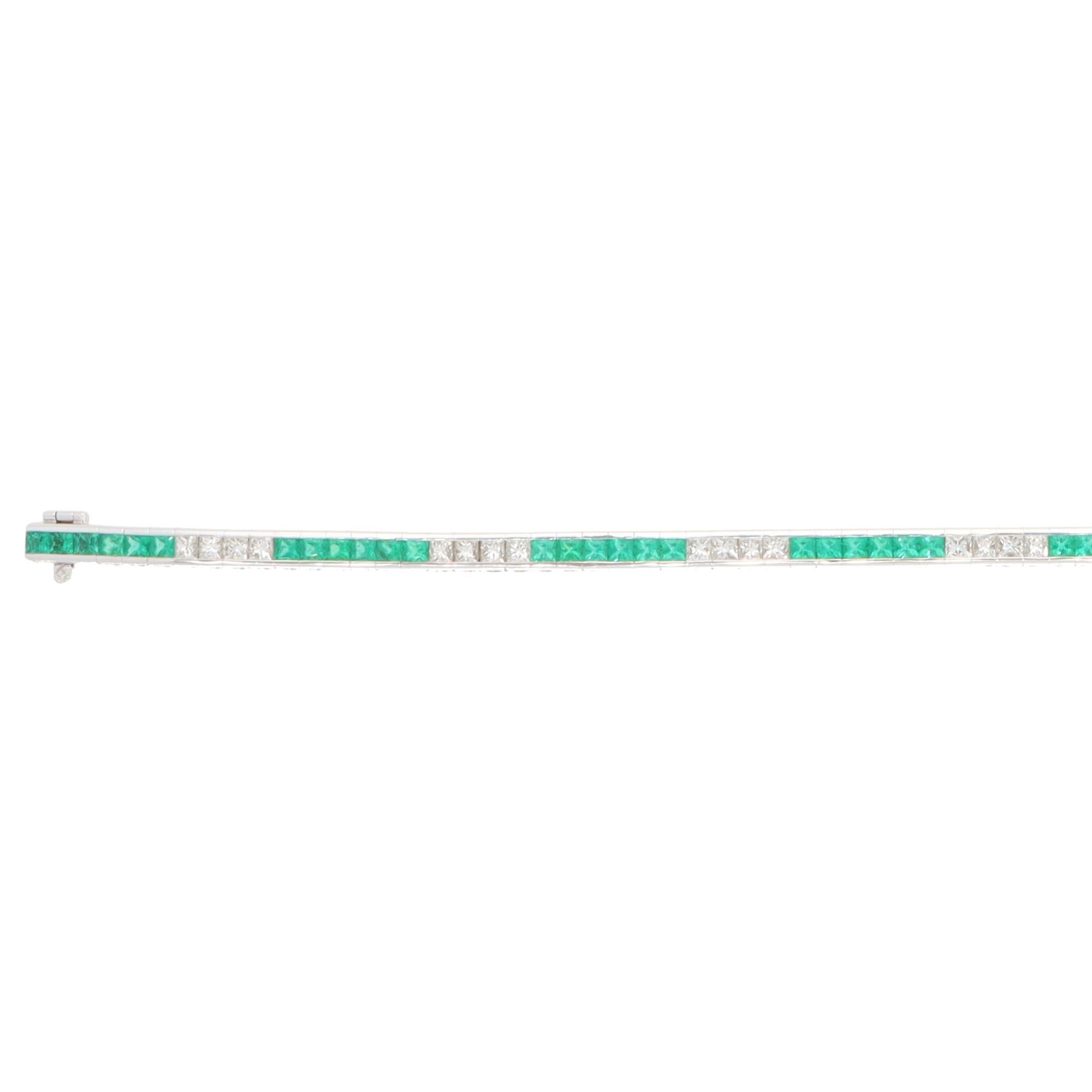 Modern Contemporary Emerald and Diamond Line Tennis Bracelet For Sale