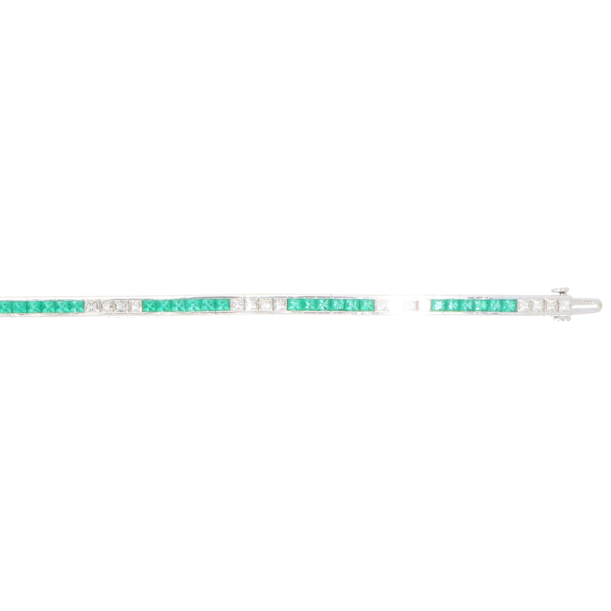Square Cut Contemporary Emerald and Diamond Line Tennis Bracelet For Sale