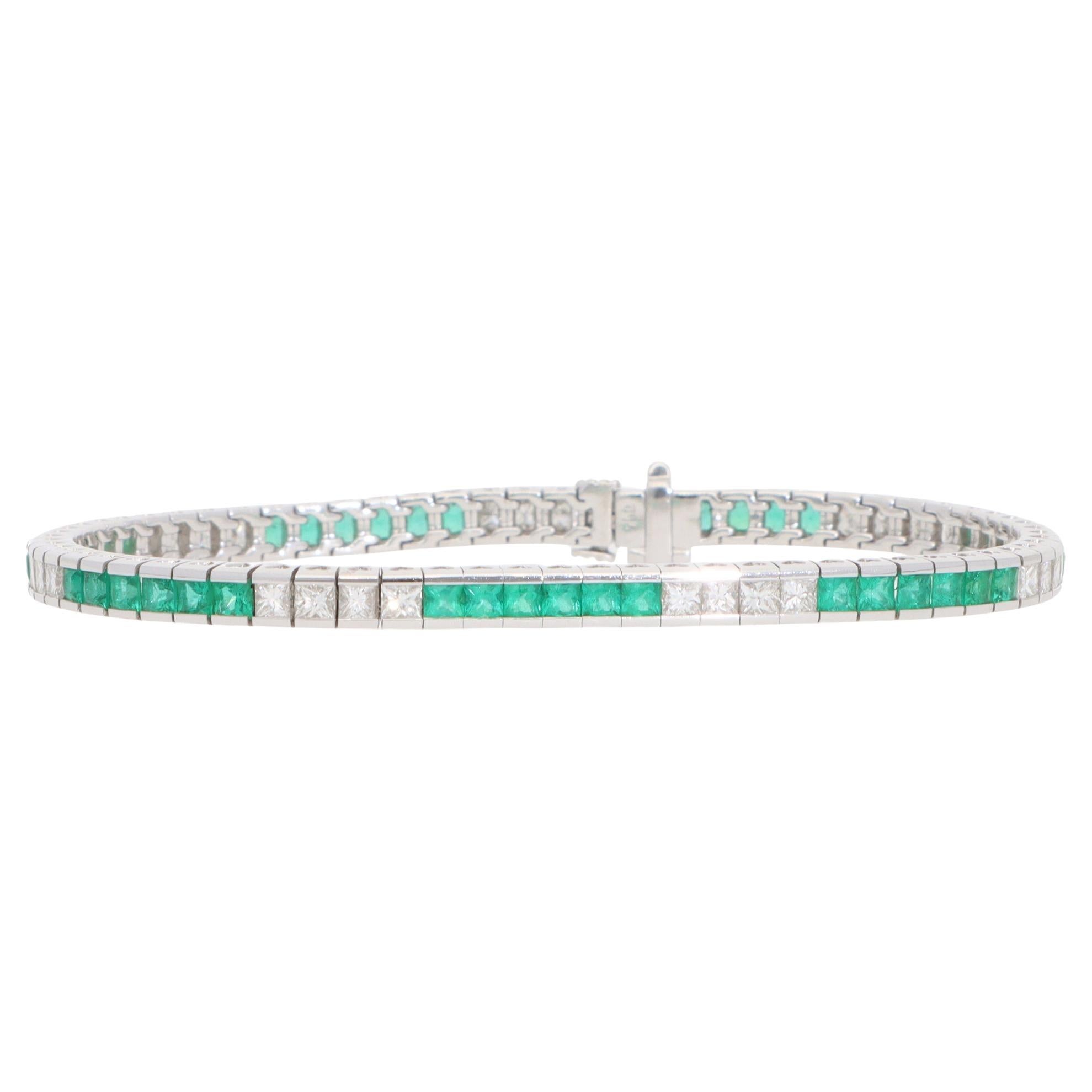 Contemporary Emerald and Diamond Line Tennis Bracelet For Sale
