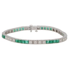 Contemporary Emerald and Diamond Line Tennis Bracelet Set in 18k White Gold