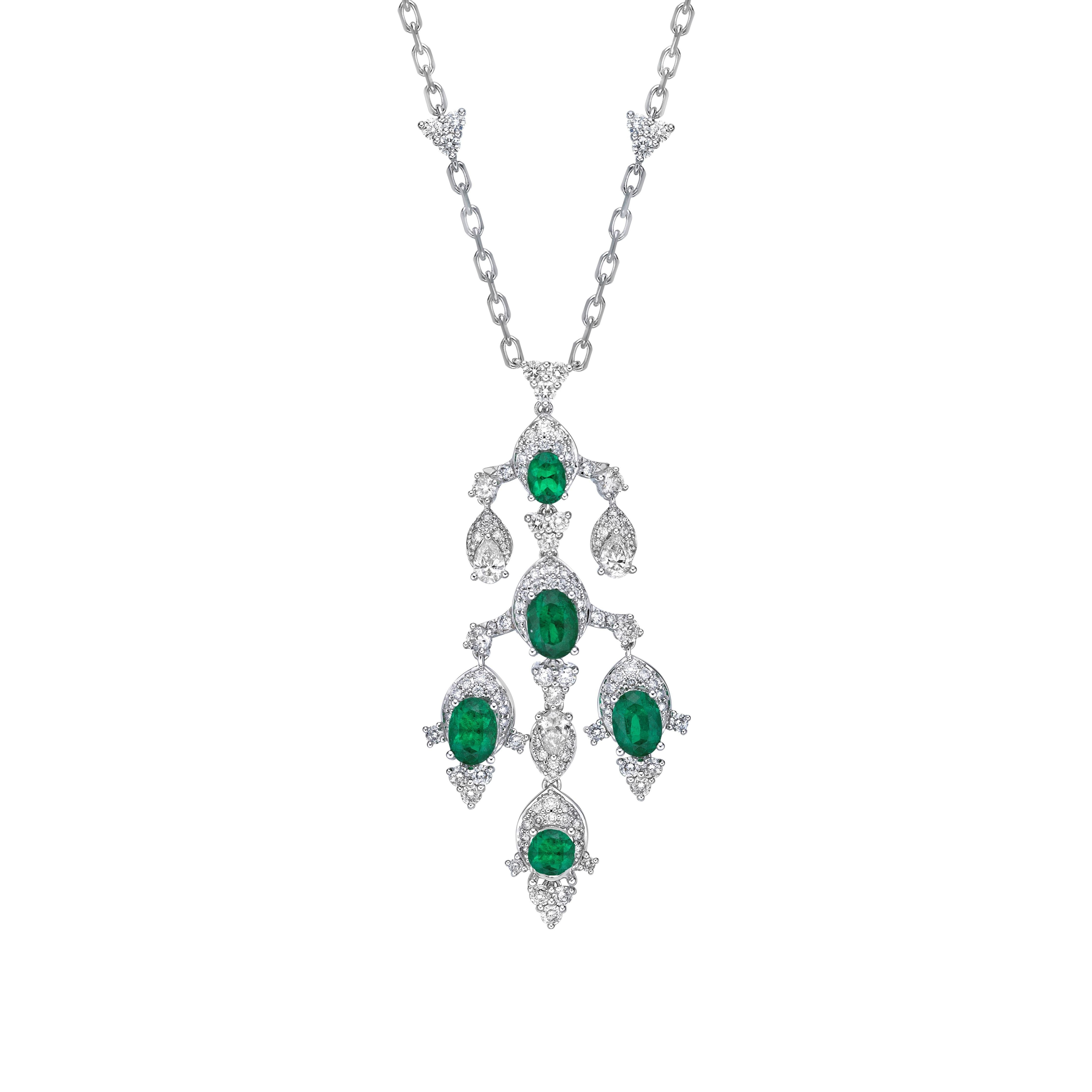 Oval Cut Contemporary Emerald and Diamond Necklace in 18Karat White Gold. For Sale