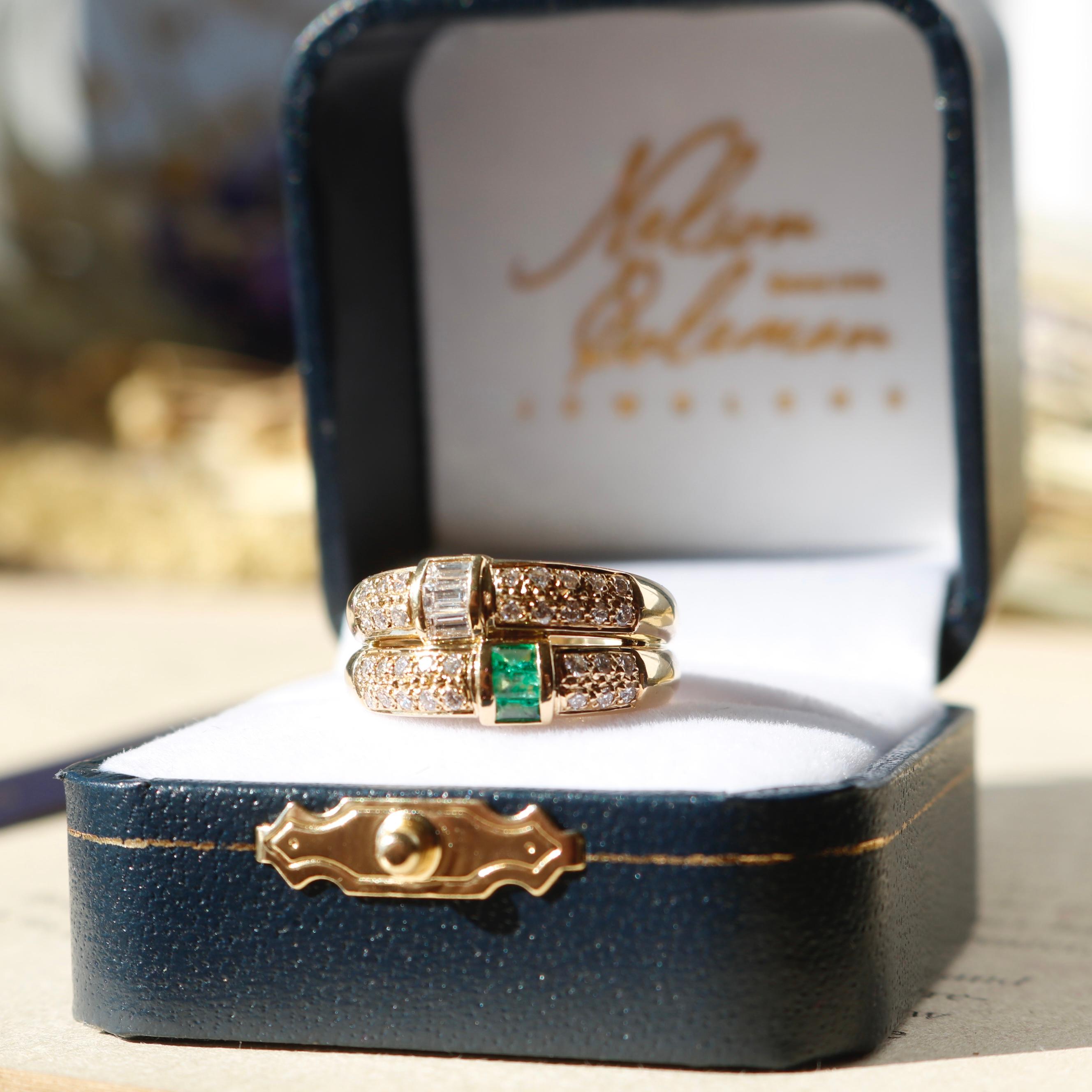 Baguette Cut Contemporary Emerald and Diamond Yellow Gold Statement Ring For Sale