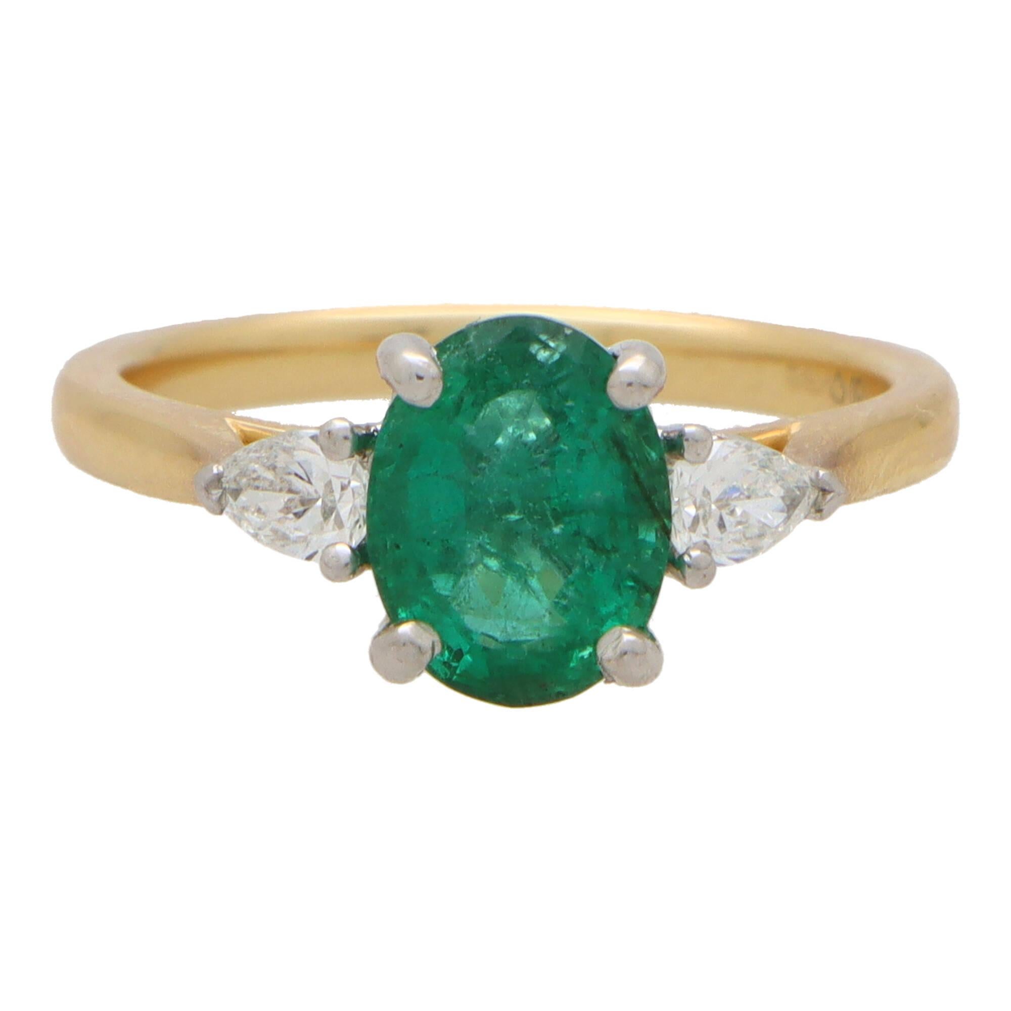 Modern Contemporary Emerald and Pear Cut Diamond Three Stone Ring in 18k Gold For Sale