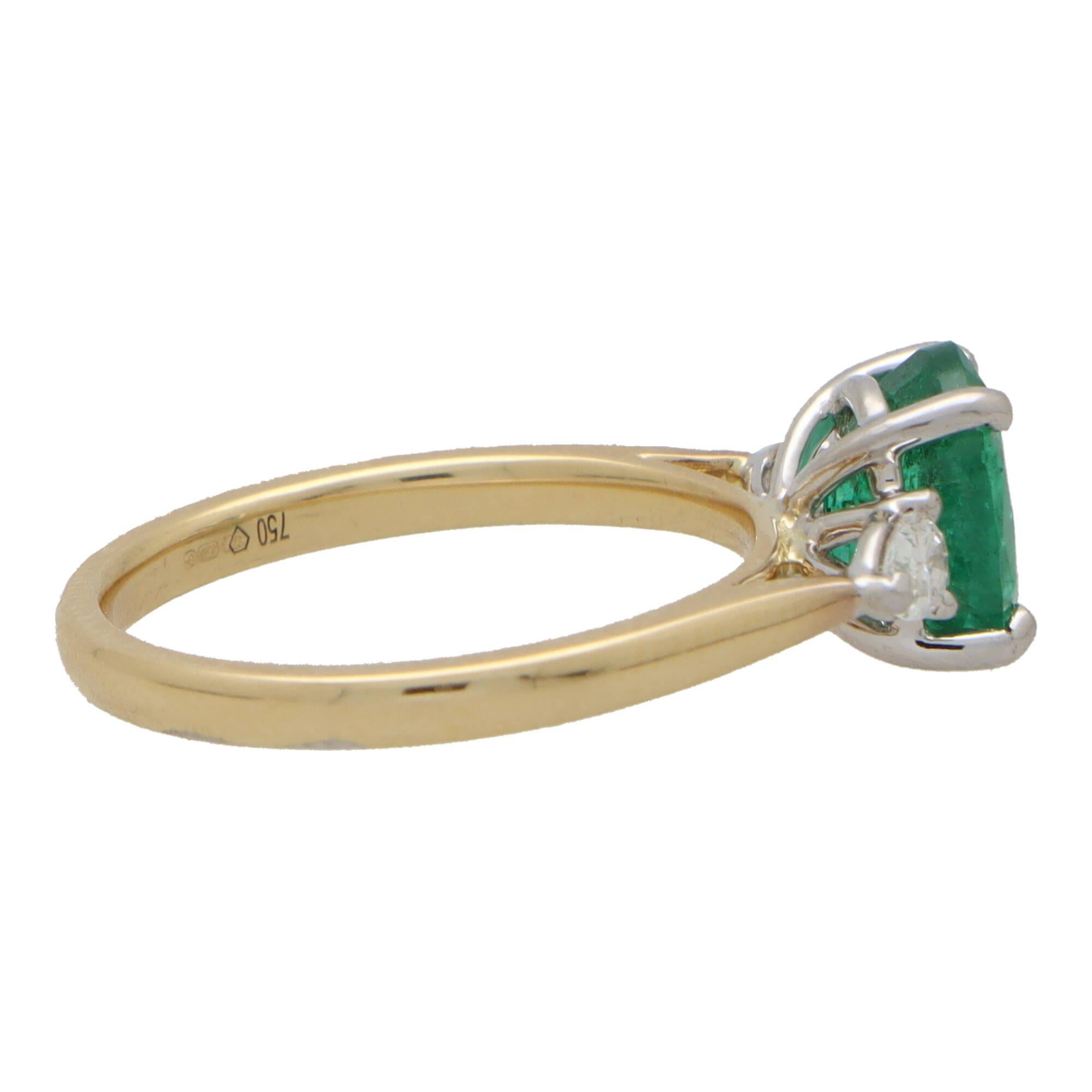 Oval Cut Contemporary Emerald and Pear Cut Diamond Three Stone Ring in 18k Gold For Sale