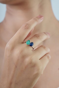 Contemporary Emerald & Blue Sapphire Toi et Moi Ring in 14K White Gold, 2.66ct