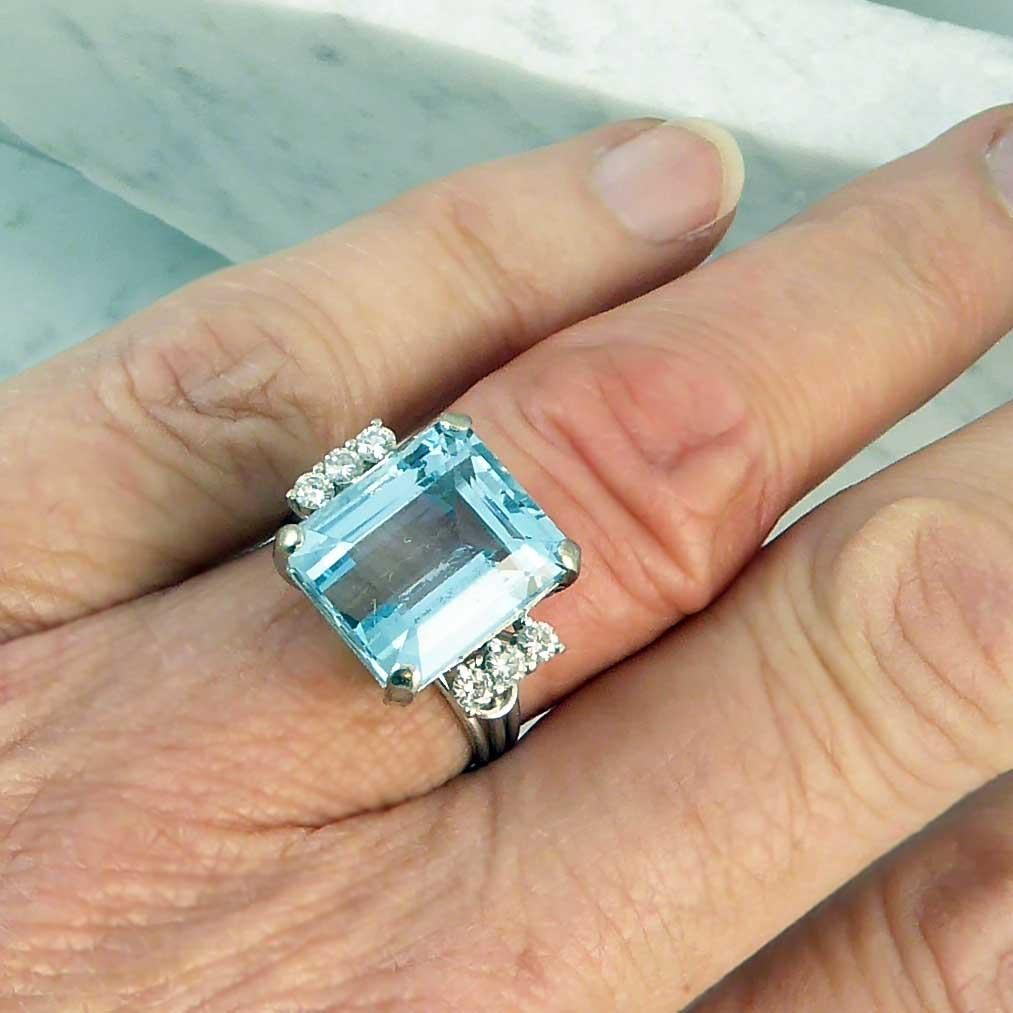 Women's Contemporary Emerald Cut Aquamarine Diamond Ring, 8.43 Carat, White Gold