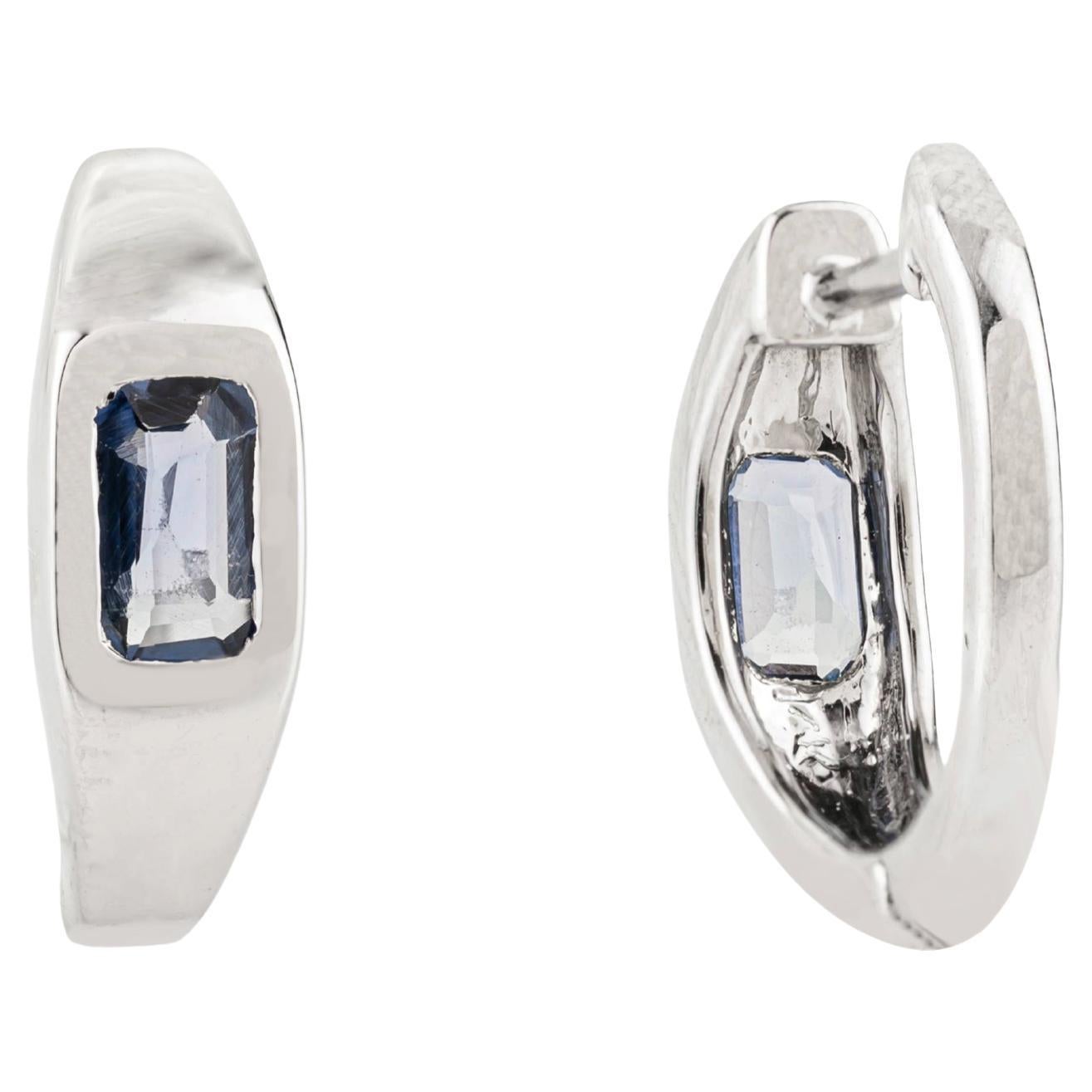 Contemporary Emerald Cut Blue Sapphire Huggie Hoop Earrings in 14K White Gold For Sale