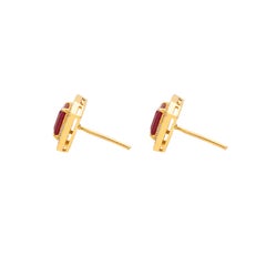 Contemporary Emerald Cut Ruby Stud Earrings with Milgrain Diamond Halo in Gold