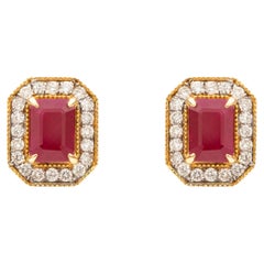 Contemporary Emerald Cut Ruby Stud Earrings with Milgrain Diamond Halo in Gold