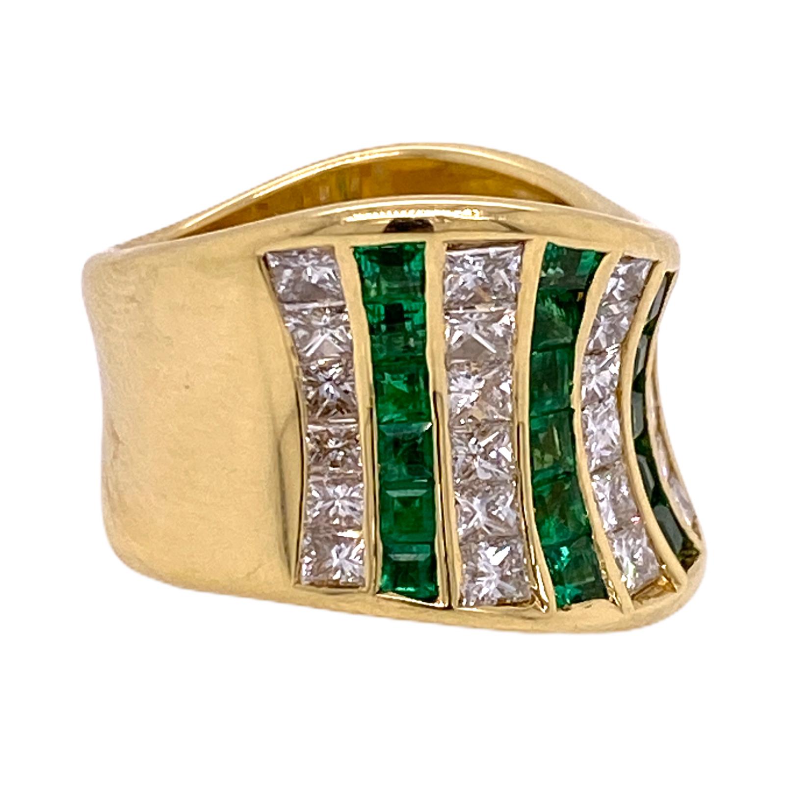 Princess Cut Contemporary Emerald Diamond 18 Karat Yellow Gold Wide Band Ring