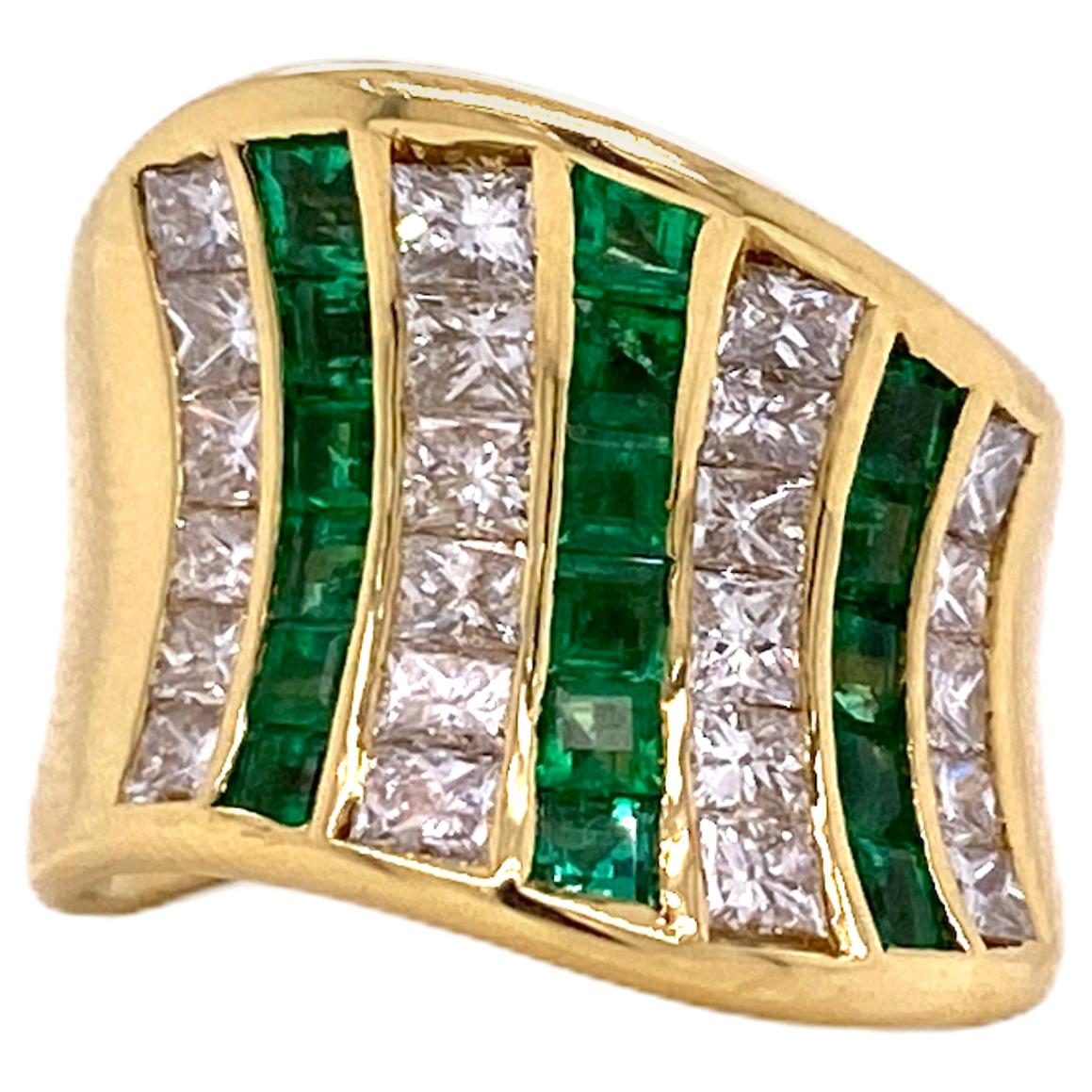 Contemporary Emerald Diamond 18 Karat Yellow Gold Wide Band Ring
