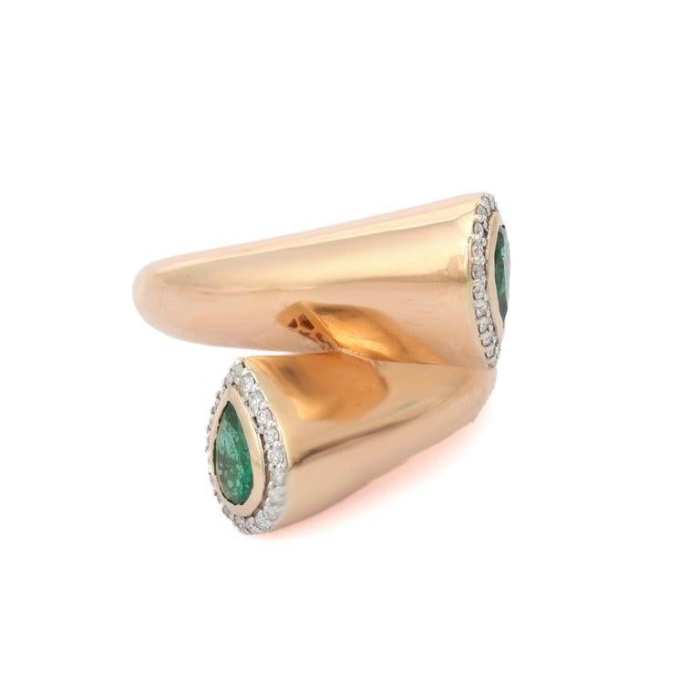 For Sale:  Contemporary Emerald Diamond Bypass Wedding Ring in 18k Solid Yellow Gold 13
