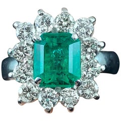 Contemporary Emerald Diamond Coronet Cluster Engagement Ring White Gold, 2010s