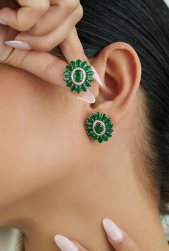 Contemporary Emerald & Diamond Floral Halo Stud Earrings in 14K White Gold