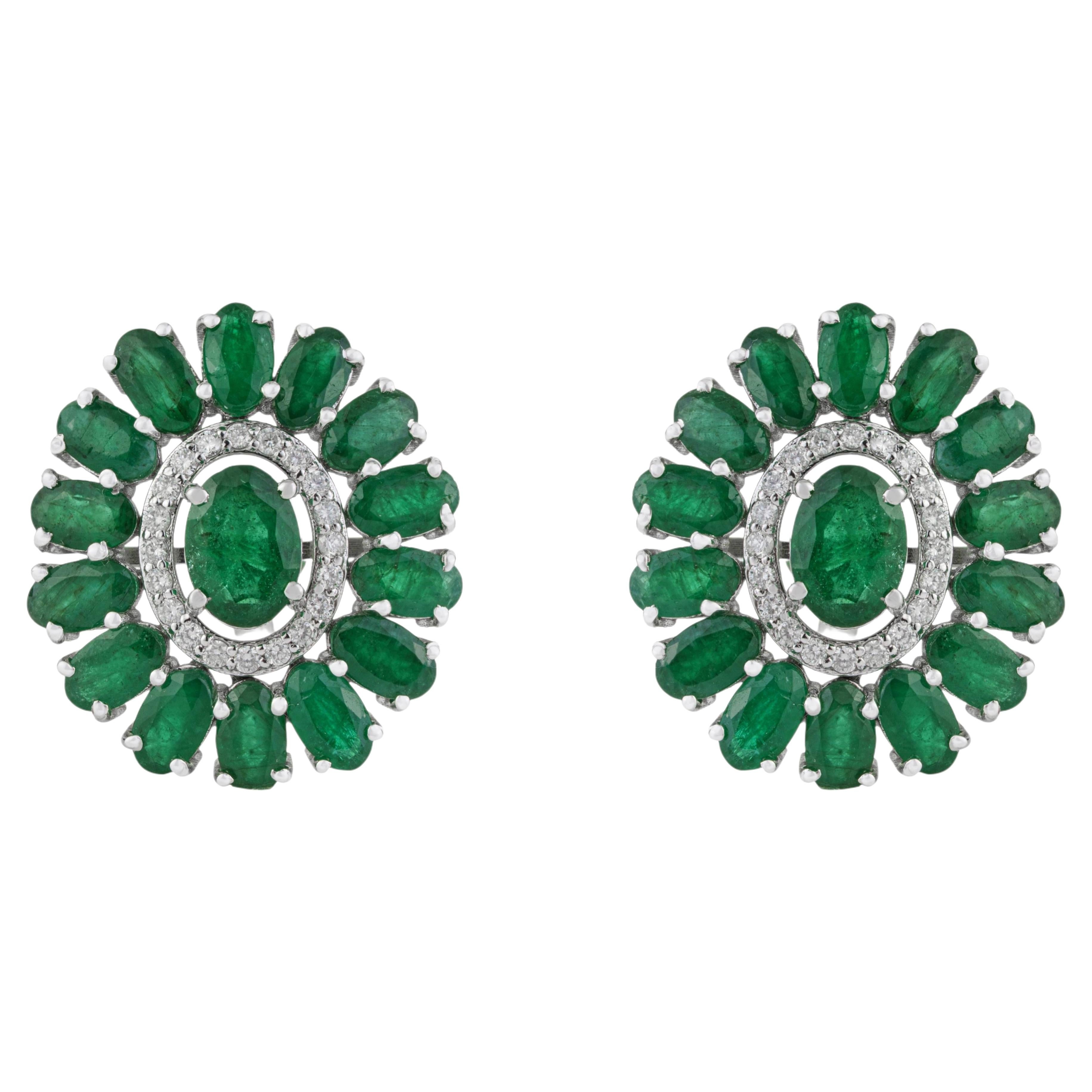 Contemporary Emerald & Diamond Floral Halo Stud Earrings in 14K White Gold