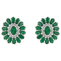 Contemporary Emerald & Diamond Floral Halo Stud Earrings in 14K White Gold