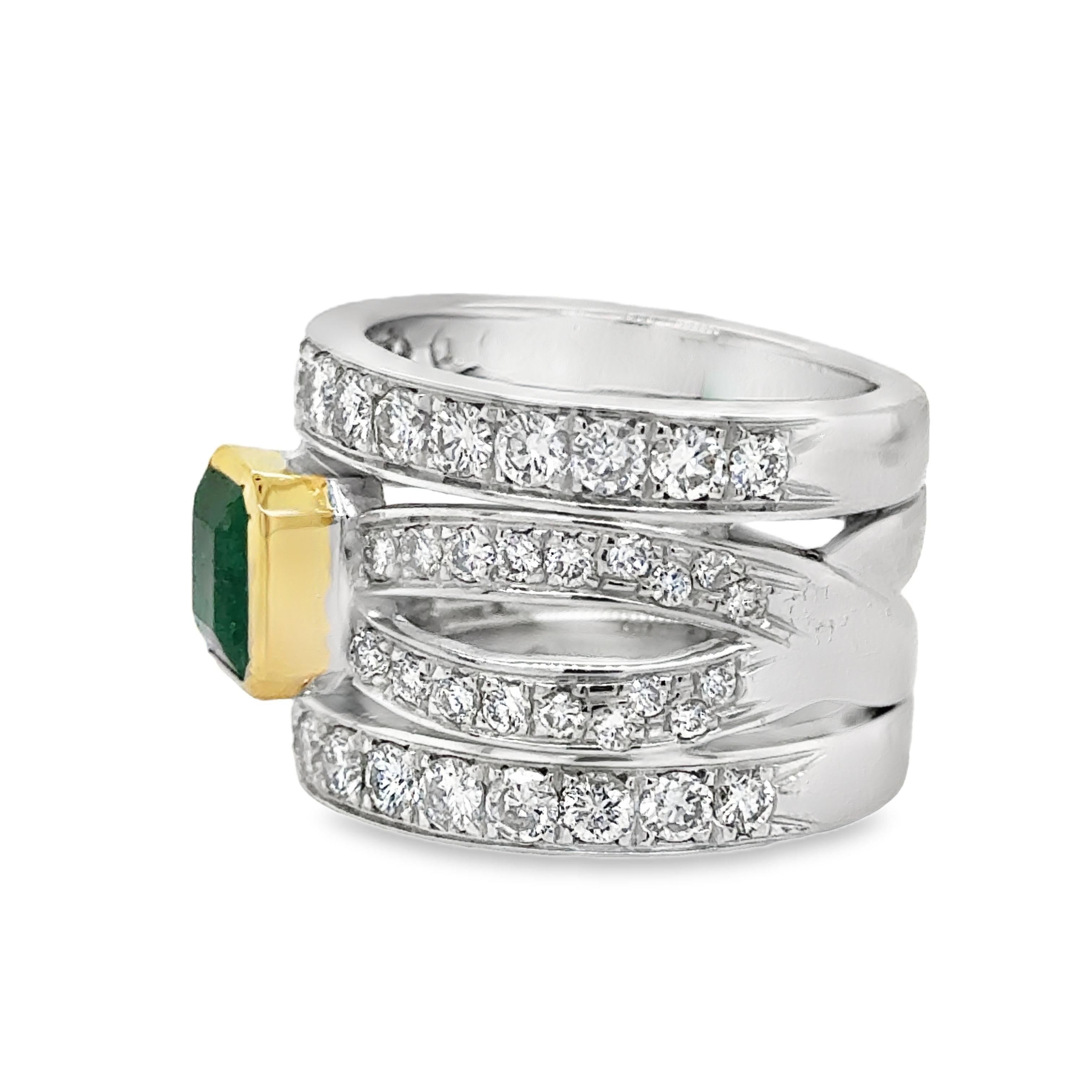 Emerald Cut Contemporary Emerald & Diamond Open Worked Wide Band Cocktail Ring 18k For Sale