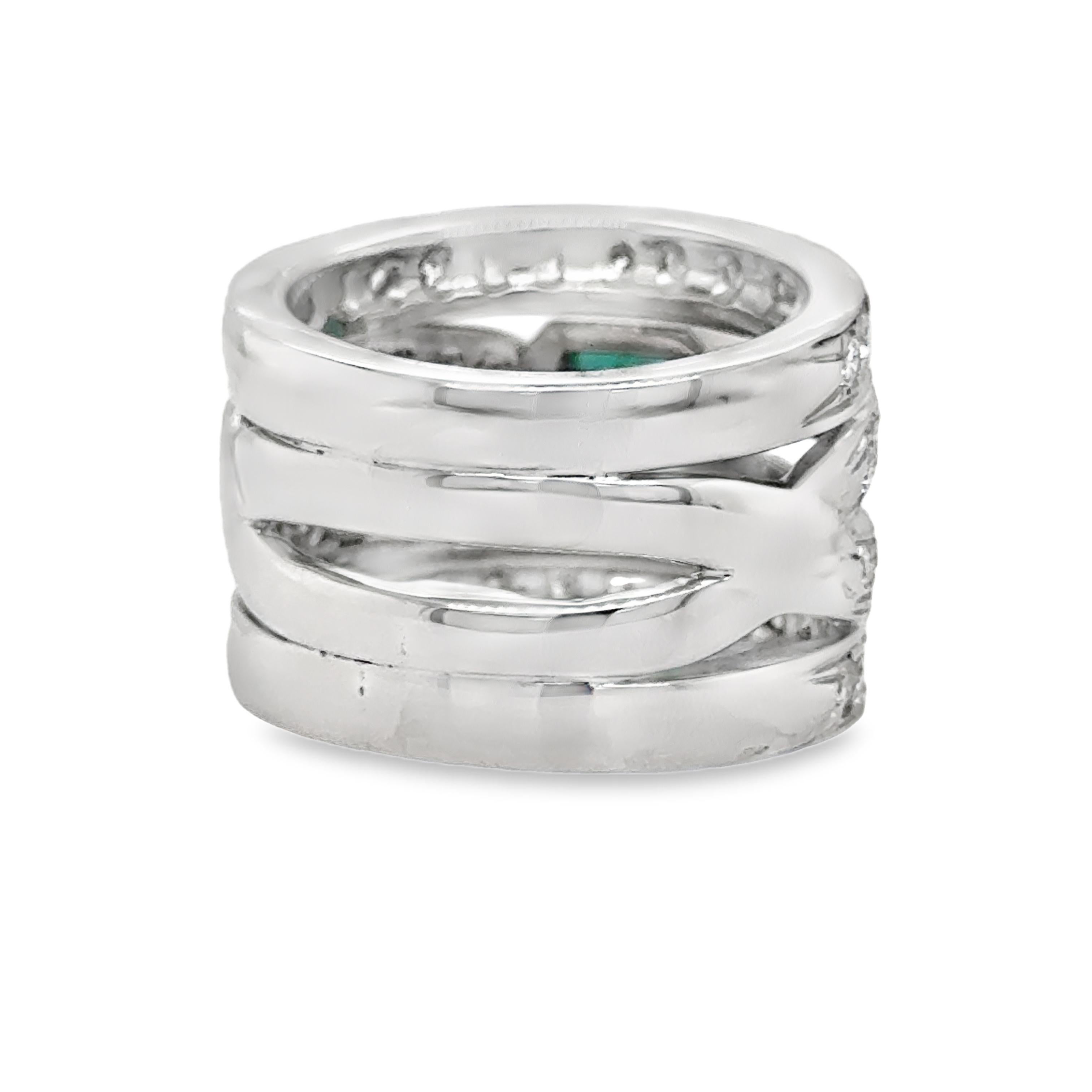 Contemporary Emerald & Diamond Open Worked Wide Band Cocktail Ring 18k In Excellent Condition For Sale In MIAMI, FL