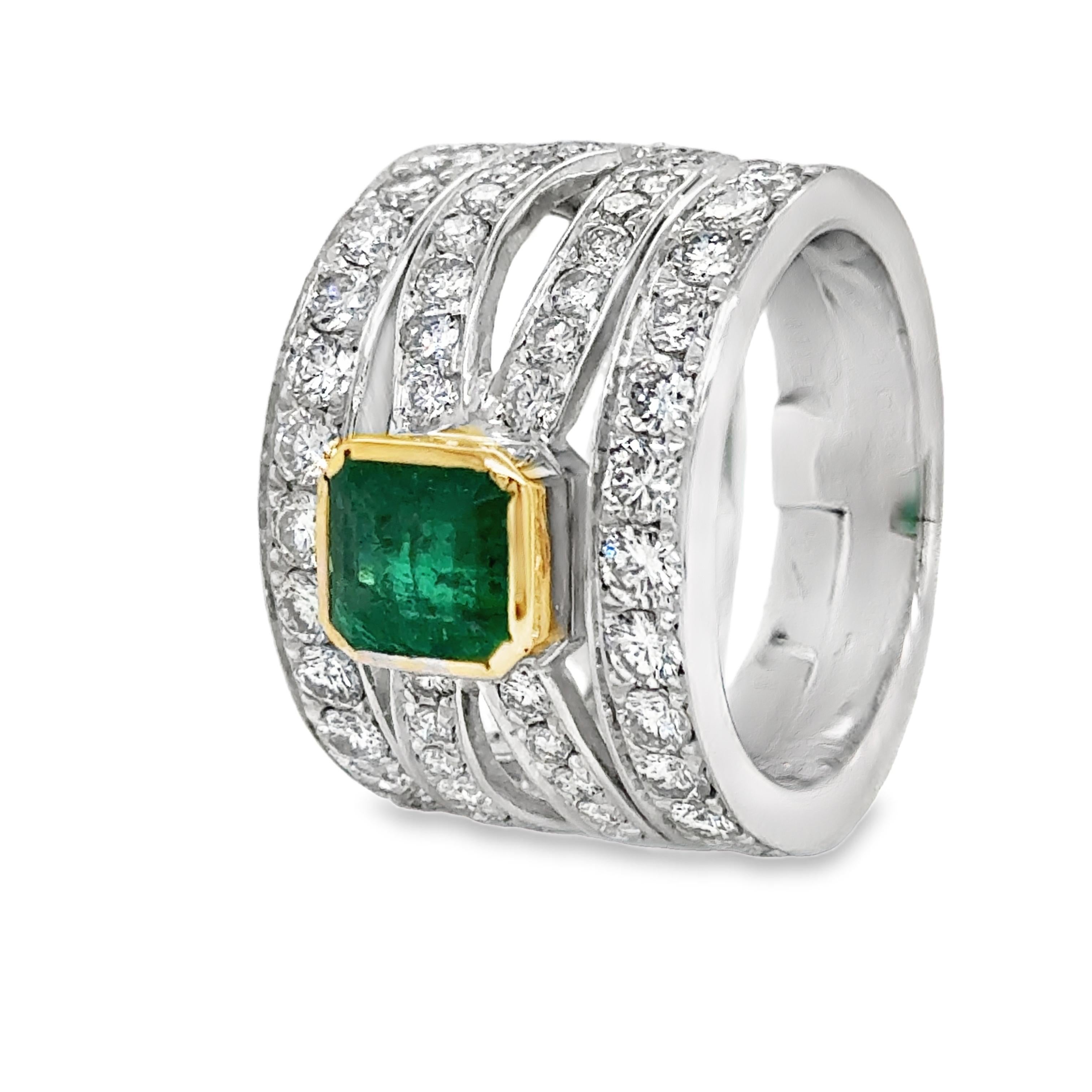 Women's or Men's Contemporary Emerald & Diamond Open Worked Wide Band Cocktail Ring 18k For Sale