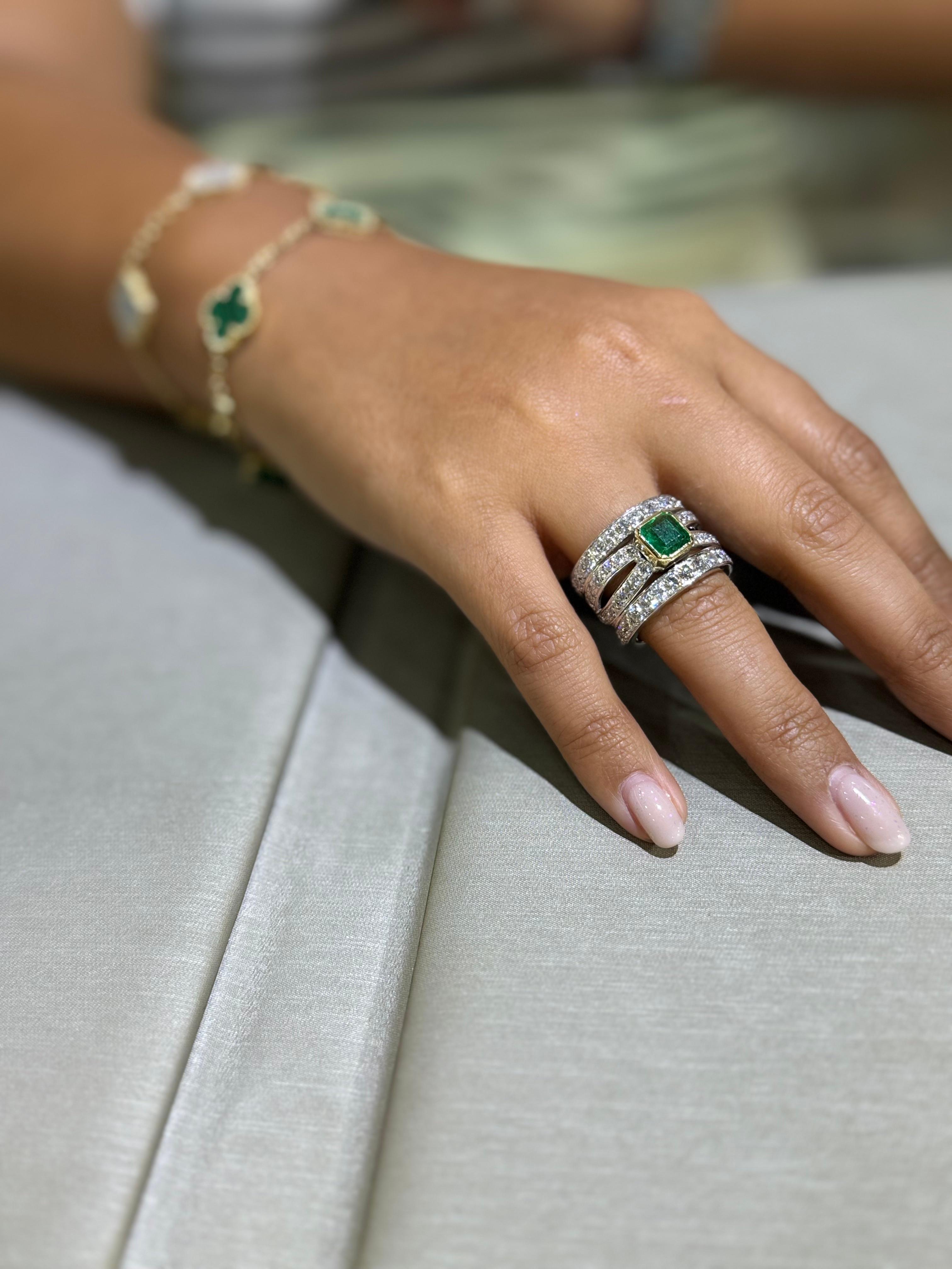 Contemporary Emerald & Diamond Open Worked Wide Band Cocktail Ring 18k For Sale 1