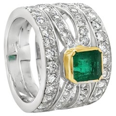 Contemporary Emerald & Diamond Open Worked Wide Band Cocktail Ring 18k