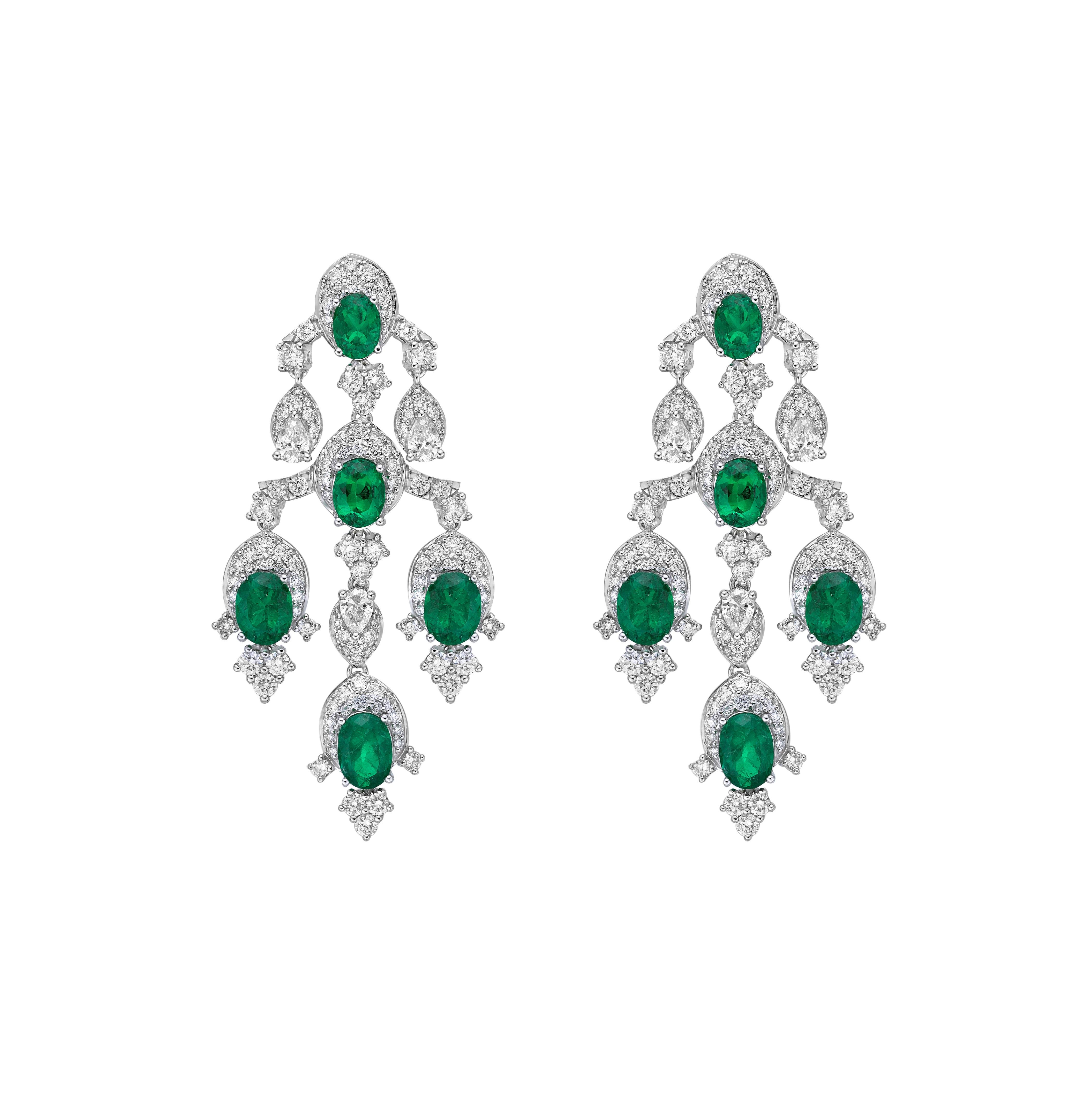 Oval Cut Contemporary Emerald Earrings in 18 Karat White Gold with Diamond For Sale
