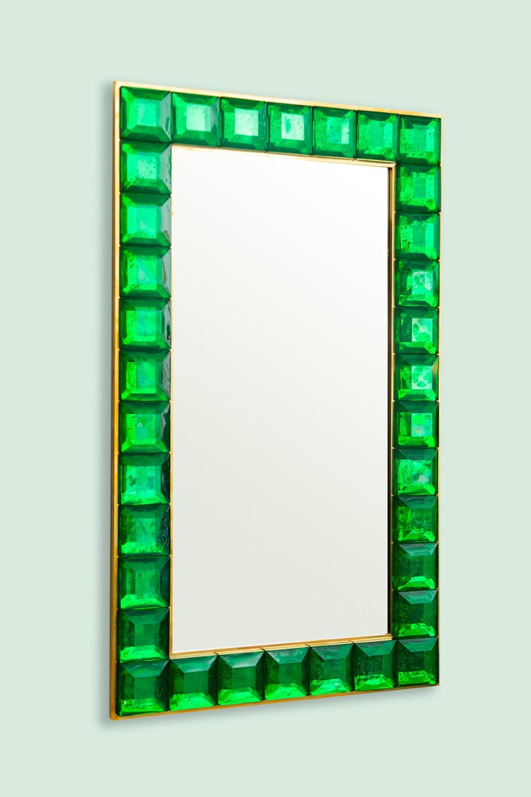 Mid-Century Modern Contemporary Emerald Green Diamond Murano Glass Mirror