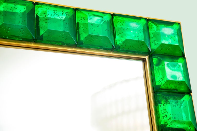Brass Contemporary Emerald Green Diamond Murano Glass Mirror