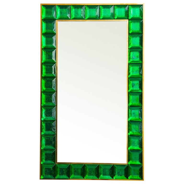 Contemporary Emerald Green Diamond Murano Glass Mirror