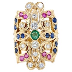 Bague bouclier florale de succession en or jaune 18 carats, émeraude, saphir et diamant