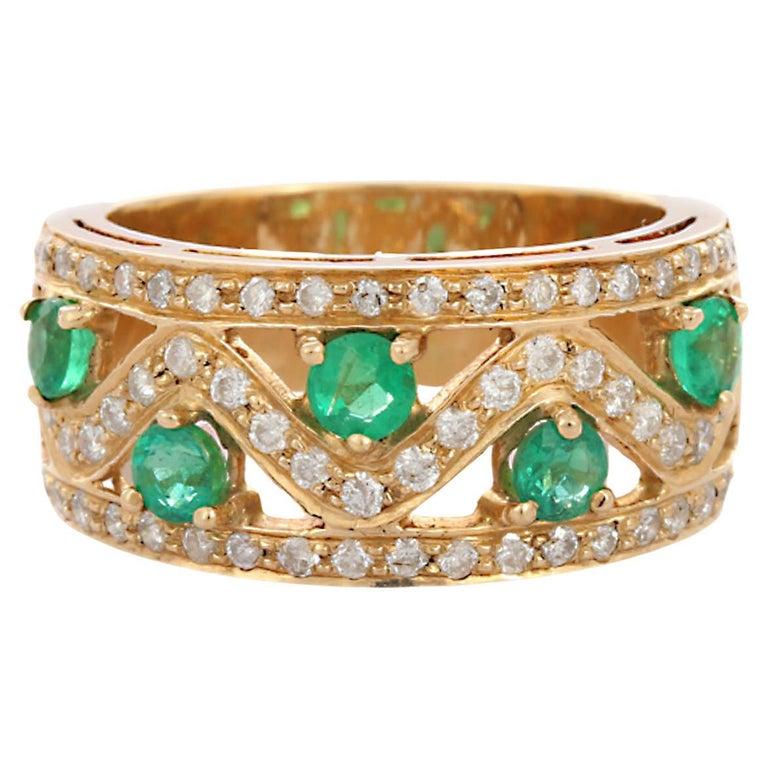 For Sale:  Contemporary Emerald Wedding Band with Diamonds in 18k Solid Yellow Gold 12