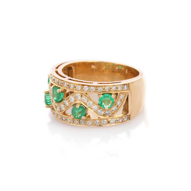 For Sale:  Contemporary Emerald Wedding Band with Diamonds in 18k Solid Yellow Gold 13