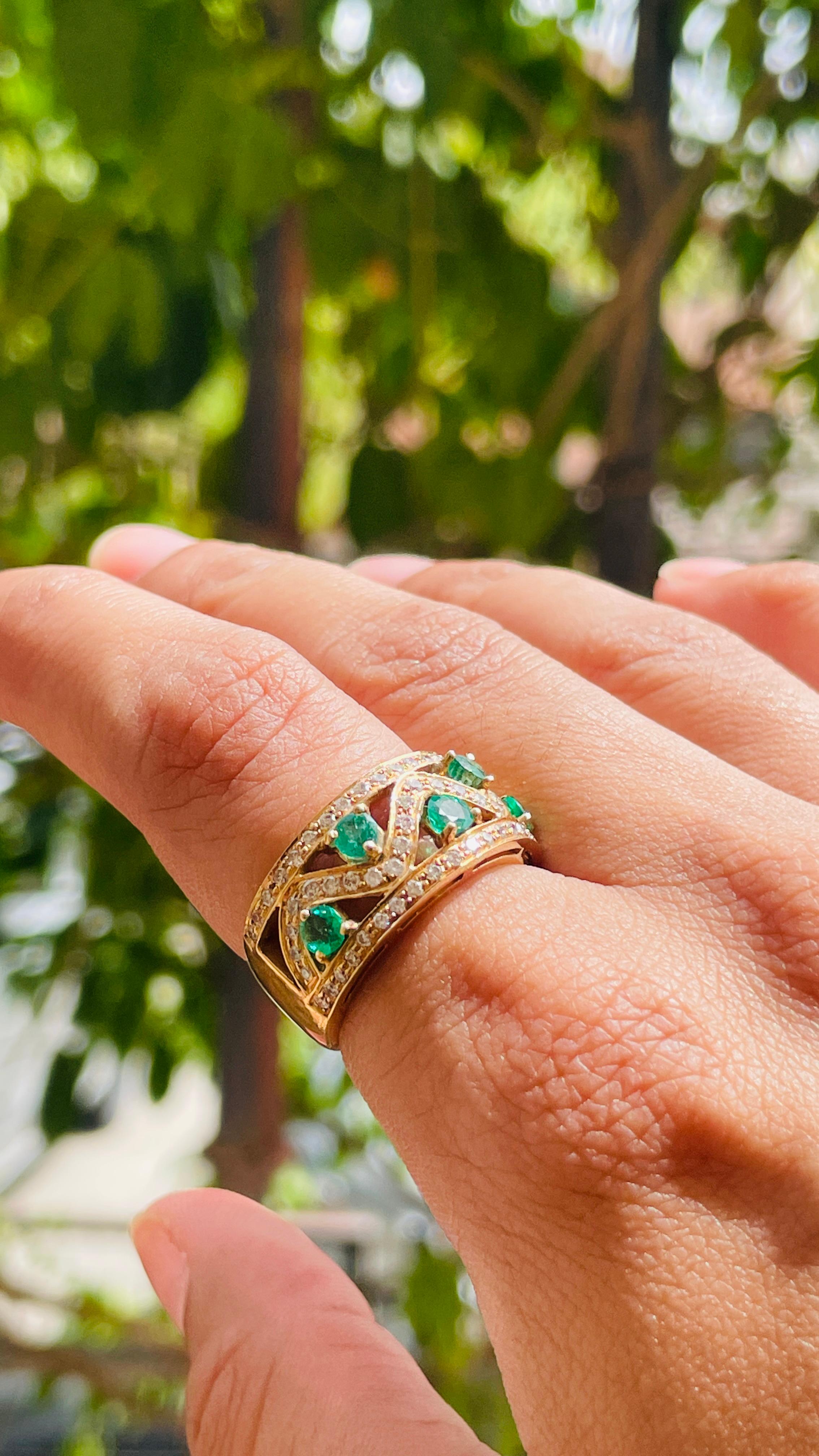 For Sale:  Contemporary Emerald Wedding Band with Diamonds in 18k Solid Yellow Gold 6
