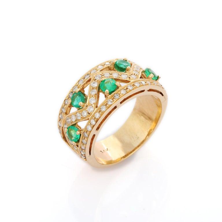 For Sale:  Contemporary Emerald Wedding Band with Diamonds in 18k Solid Yellow Gold 7