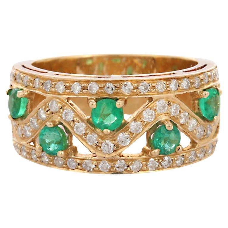 Contemporary Emerald Wedding Band with Diamonds in 18k Solid Yellow Gold