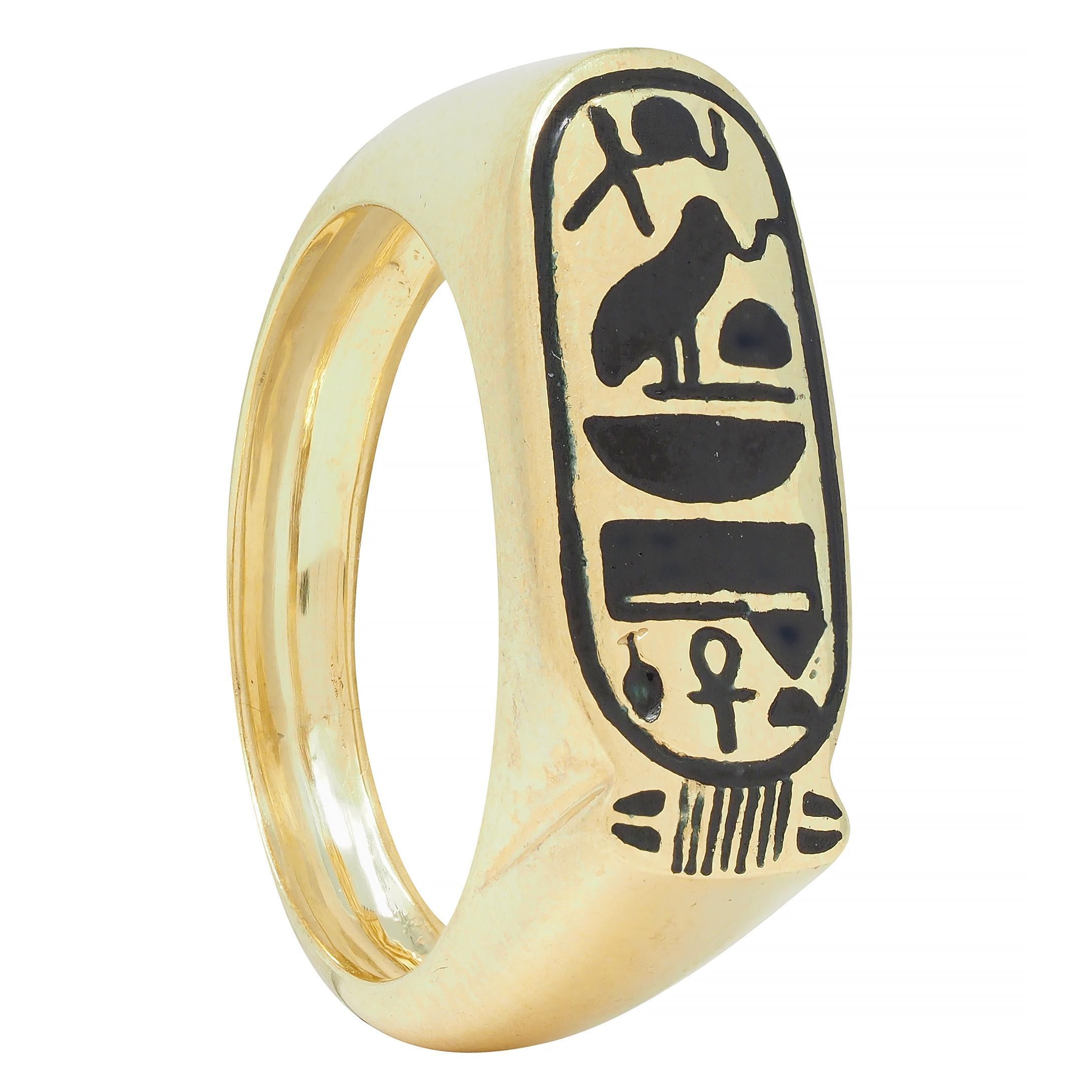 Contemporary Enamel 14 Karat Yellow Gold Egyptian Revival Cartouche Signet Ring For Sale 6