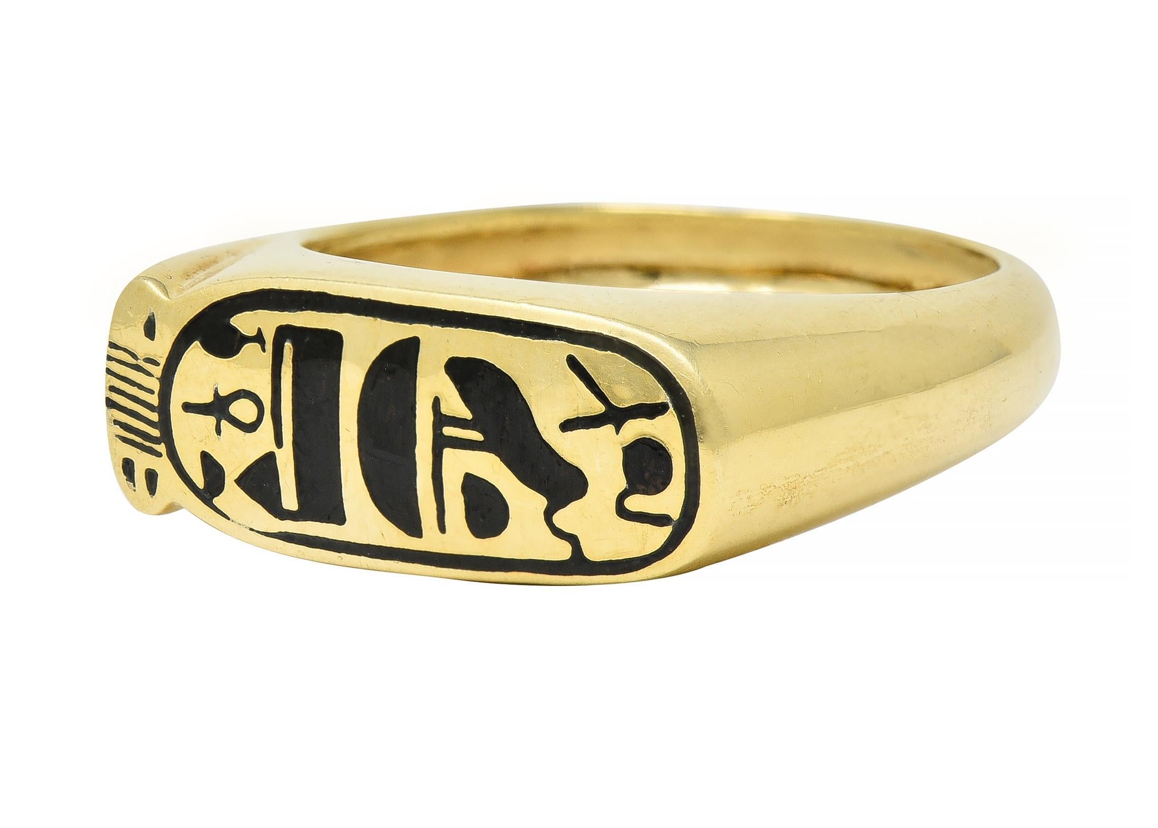 Contemporary Enamel 14 Karat Yellow Gold Egyptian Revival Cartouche Signet Ring For Sale 3