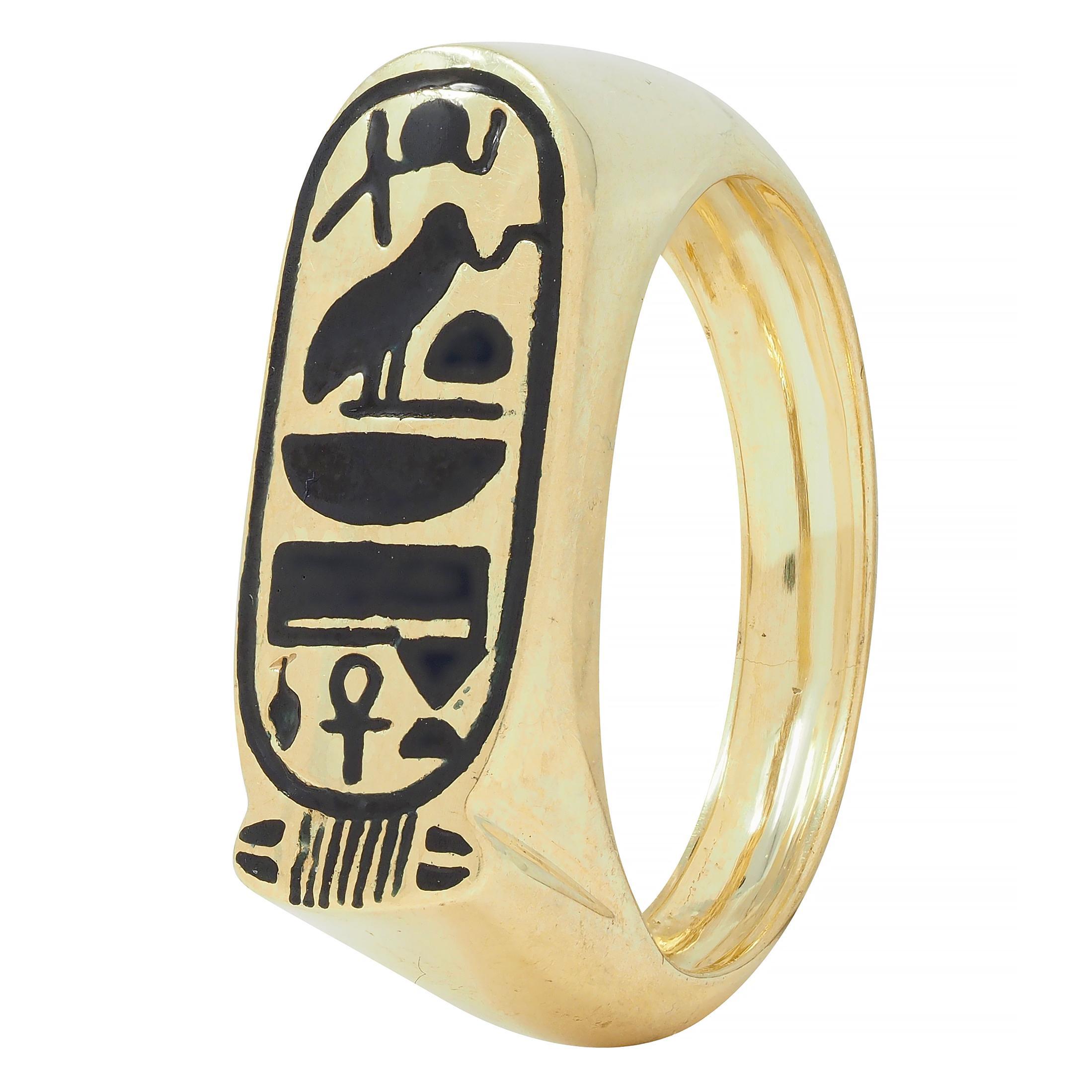 Contemporary Enamel 14 Karat Yellow Gold Egyptian Revival Cartouche Signet Ring For Sale 4