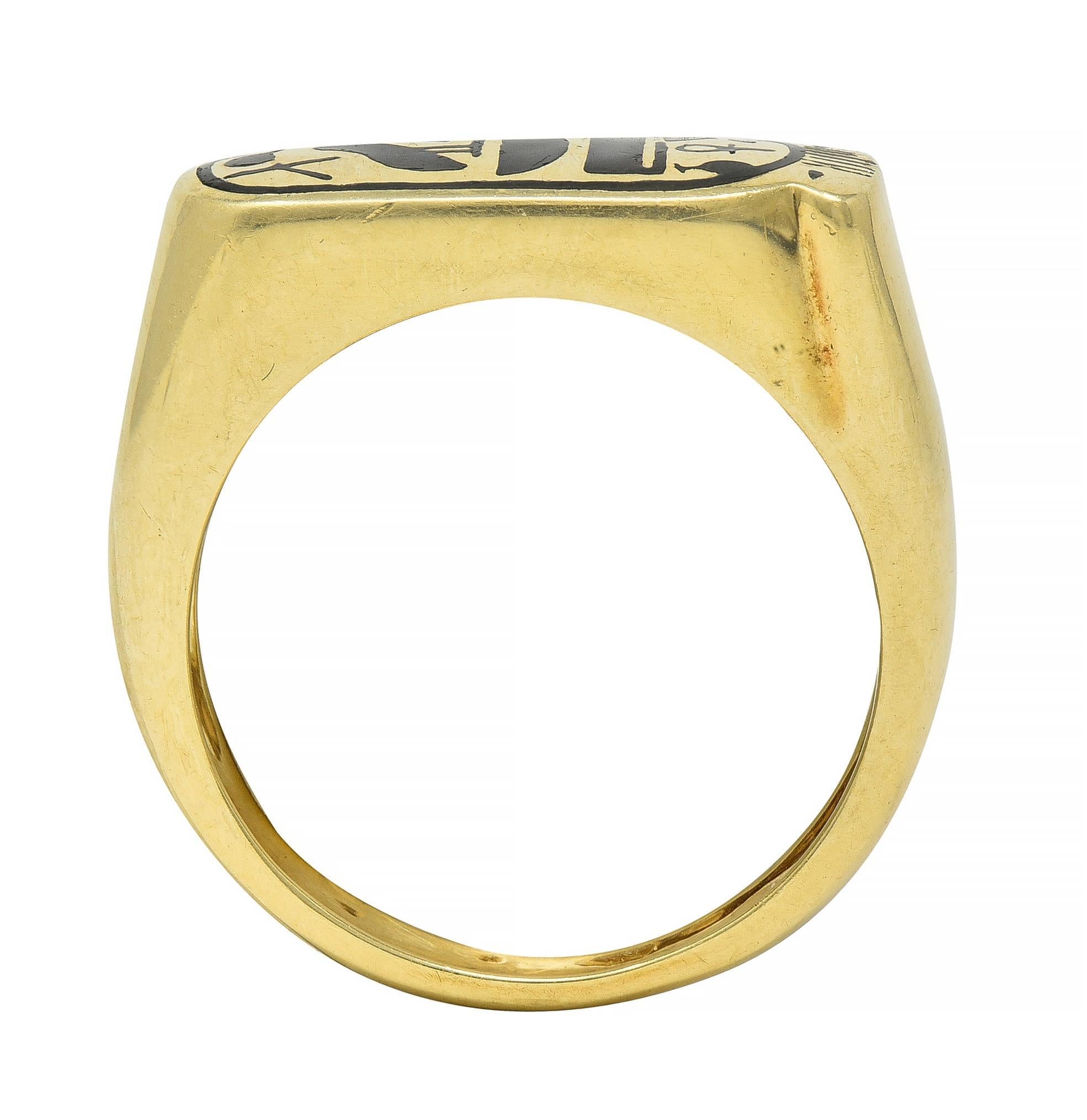 Contemporary Enamel 14 Karat Yellow Gold Egyptian Revival Cartouche Signet Ring For Sale 2