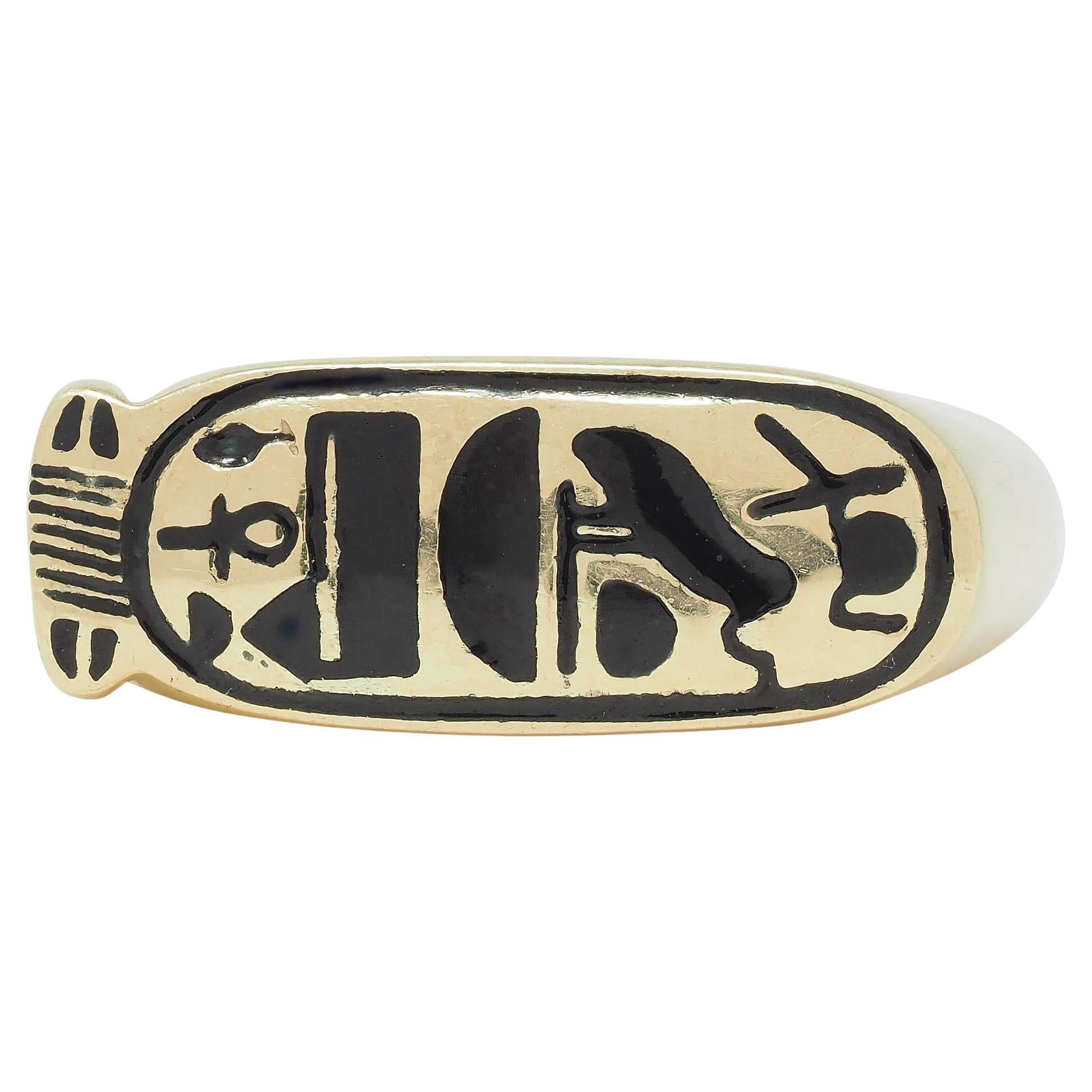 Contemporary Enamel 14 Karat Yellow Gold Egyptian Revival Cartouche Signet Ring For Sale