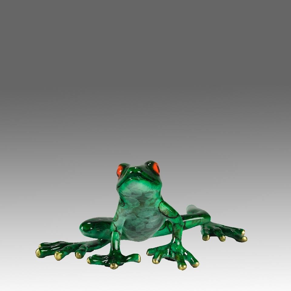 Cette charmante étude en bronze peint à l'émail, en édition limitée, représente une grenouille en éveil et présente une excellente couleur verte. Le bronze présente des couleurs fabuleuses et des détails finis à la main. Signé Barry Stein, numéroté