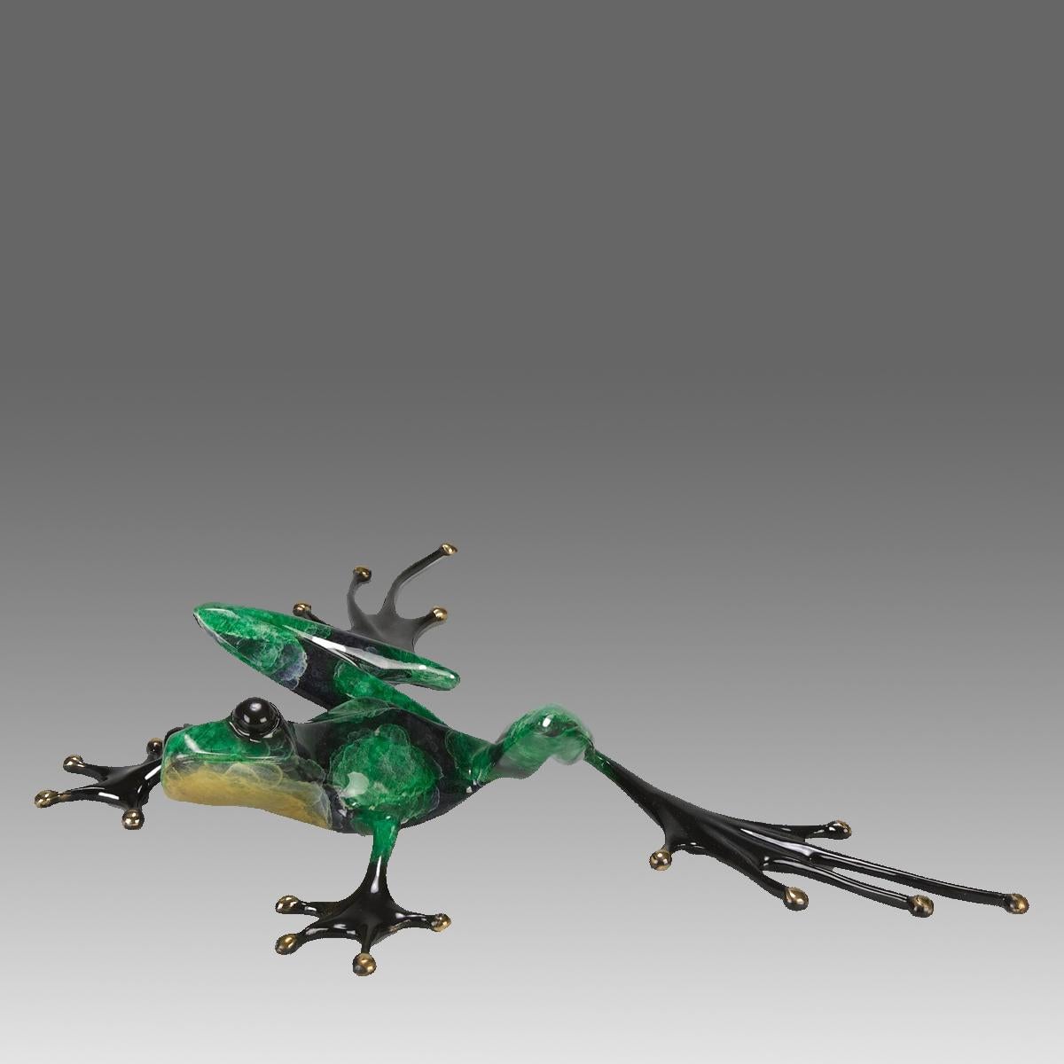 Eine attraktive Bronzestudie in limitierter Auflage, die einen grünen Frosch in gestreckter Haltung mit erhobenem Kopf zeigt, mit sehr feinen Emailfarben und ausgezeichneter taktiler Oberfläche, signiert Tim, nummeriert 817/5000 und