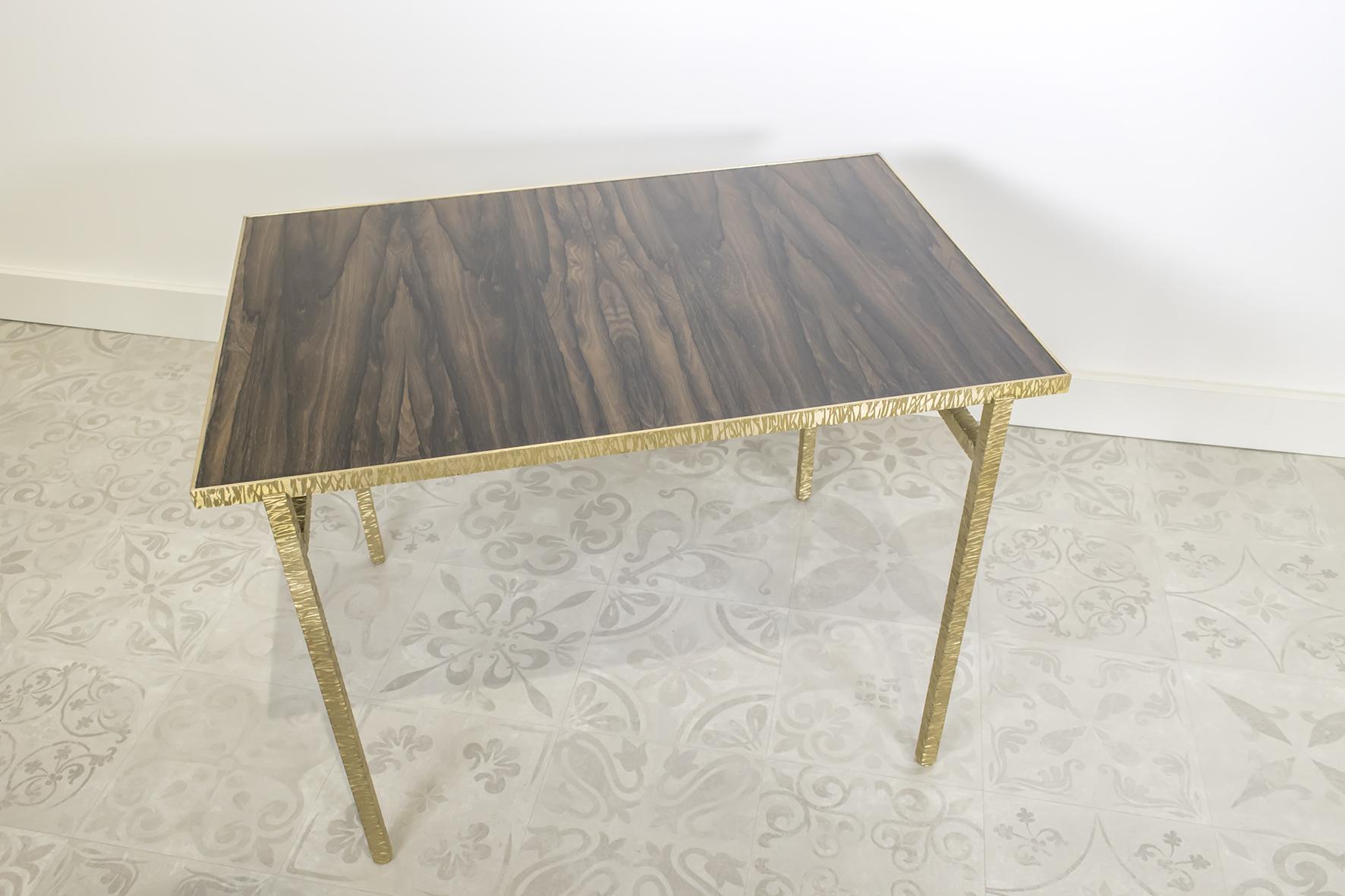 Modern Contemporary End Table in Ziricote and Brass, Hammered Collection For Sale