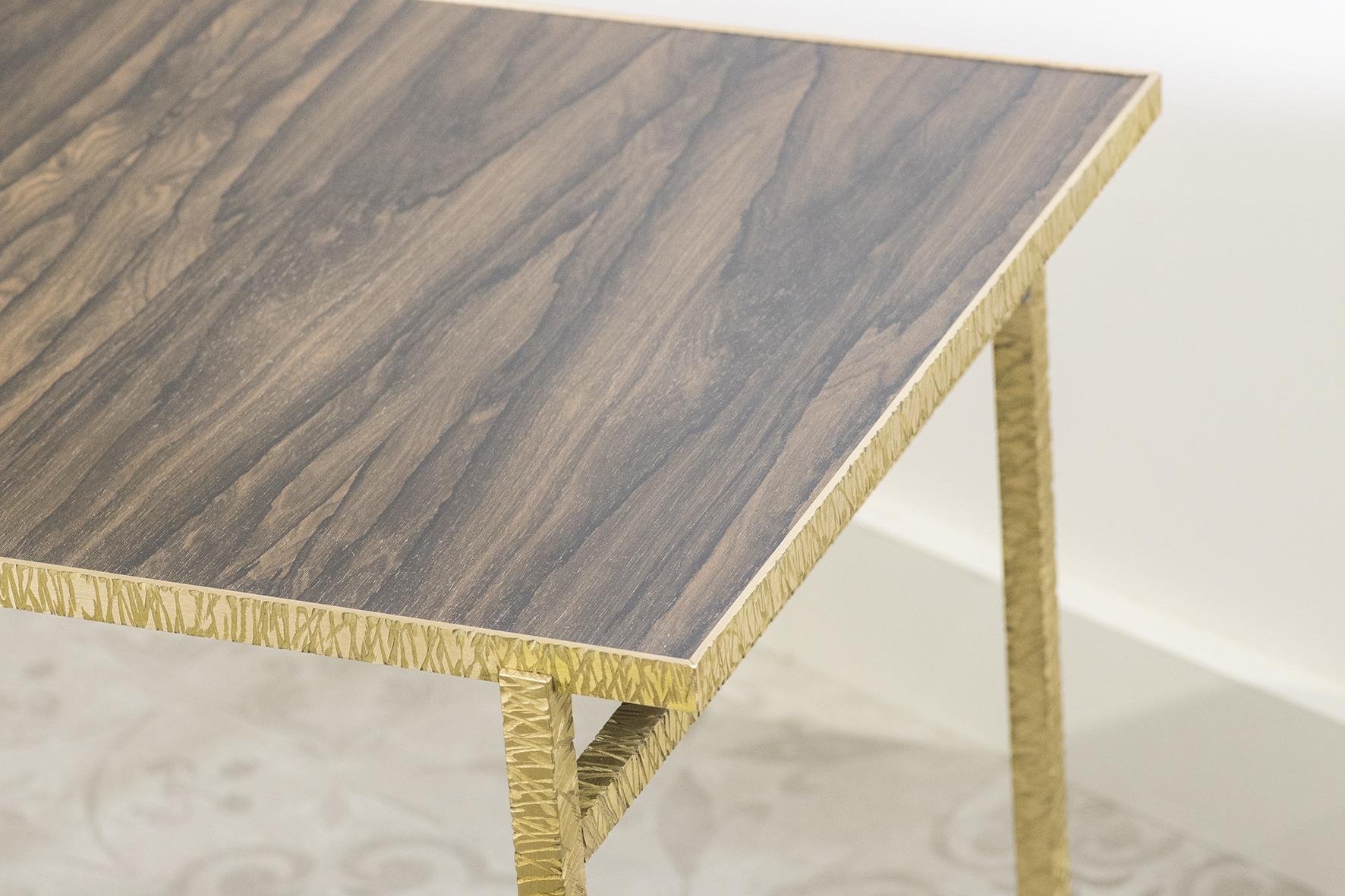 French Contemporary End Table in Ziricote and Brass, Hammered Collection For Sale