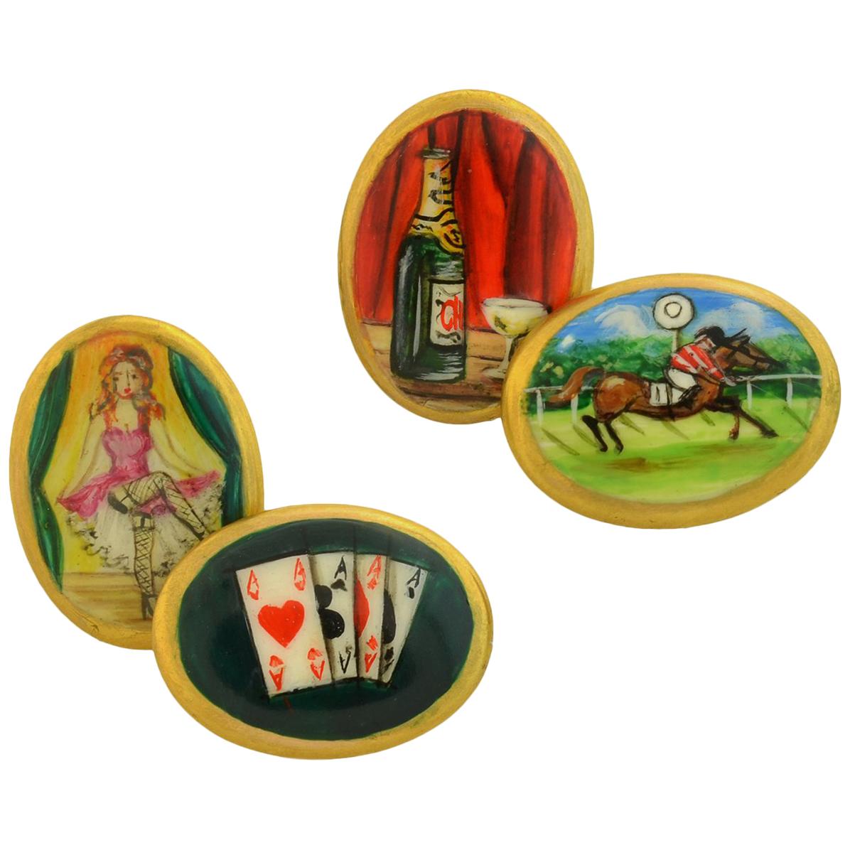 Contemporary English "Four Vices" Hand Painted Enameled Cufflinks
