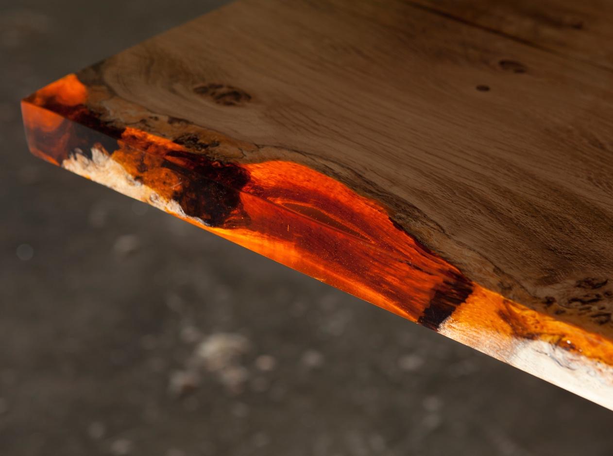 Modern English Oak Table translucent amber resin live edges. 