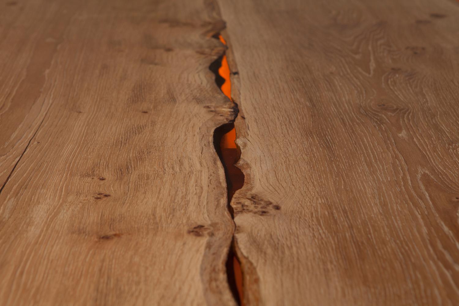 Hand-Crafted English Oak Table translucent amber resin live edges. 